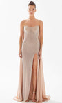Strapless Slit Embroidered Back Zipper Crystal Sheath Natural Waistline Floor Length Sheath Dress/Evening Dress