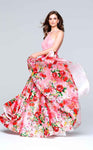 A-line Sleeveless Natural Waistline Floral Print Floor Length Glittering Open-Back Halter Evening Dress With Pearls