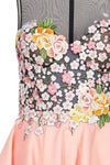 A-line Short Natural Waistline Floral Print Flutter Sleeves Sleeveless Illusion Sheer Gathered Applique Jeweled Jeweled Neck Dress