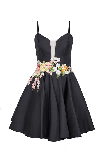 A-line V-neck Plunging Neck Wrap Embroidered Sheer Open-Back Gathered Floral Print Natural Waistline Sleeveless Spaghetti Strap Short Dress