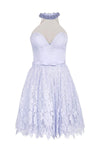 A-line Natural Waistline Sleeveless Cocktail Short Lace Halter Sweetheart Applique Illusion Sheer Floral Print Dress With a Bow(s) and Pearls