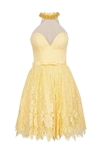 A-line Sheer Applique Illusion Floral Print Cocktail Short Sleeveless Halter Sweetheart Natural Waistline Lace Dress With a Bow(s) and Pearls