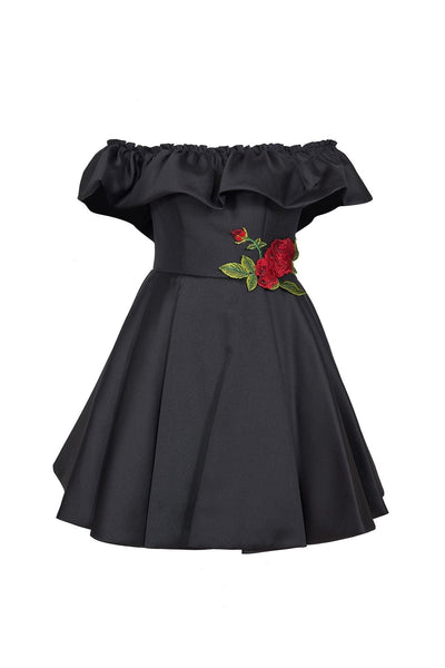 A-line Natural Waistline Applique Floral Print Flutter Sleeves Off the Shoulder Short Flared-Skirt Dress With Ruffles
