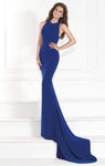 Sophisticated Illusion Sheer Fitted Jeweled Neck Halter Natural Waistline Sheath Sheath Dress with a Brush/Sweep Train
