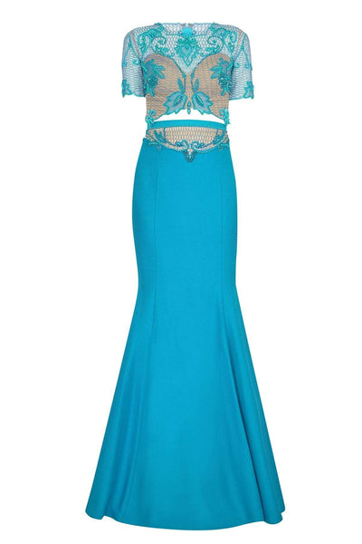 Sophisticated Natural Waistline Mermaid Floor Length Beaded Jeweled Sheer Illusion Short Sleeves Sleeves Evening Dress with a Brush/Sweep Train
