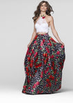 A-line Strapless Floor Length Floral Print Halter Beaded Open-Back Natural Waistline Lace Dress With Pearls