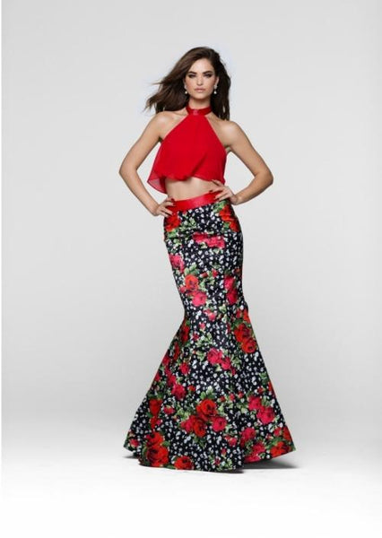 Natural Waistline Halter Floral Print Open-Back Back Zipper Satin Flutter Sleeves Sleeveless Mermaid Floor Length Evening Dress