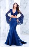 Sexy Sophisticated V-neck Mermaid Bell Sleeves Floor Length Plunging Neck Natural Waistline Back Zipper Dress with a Brush/Sweep Train