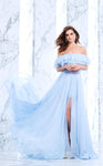 A-line Jeweled Slit Natural Waistline Floor Length Off the Shoulder Dress With Ruffles