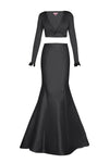 V-neck Mermaid Beaded Long Sleeves Plunging Neck Natural Waistline Dress with a Brush/Sweep Train