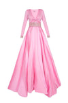 Sophisticated A-line V-neck Long Sleeves Floor Length Beaded Natural Waistline Evening Dress