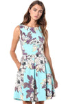 A-line Floral Print Natural Waistline Bateau Neck Cocktail Short Back Zipper Pleated Fitted Sleeveless Party Dress