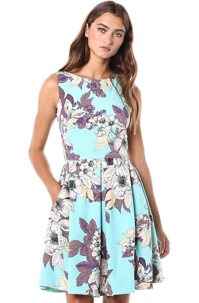 A-line Fitted Back Zipper Pleated Floral Print Cocktail Short Bateau Neck Natural Waistline Sleeveless Party Dress