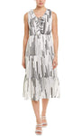 A-line V-neck Tea Length Lace-Up Sleeveless Natural Waistline Ruffle Trim General Print Dress
