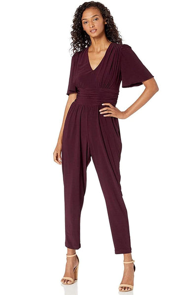 V-neck Ankle Length Short Sleeves Sleeves Back Zipper Ruched Shirred Pocketed Natural Waistline Jumpsuit