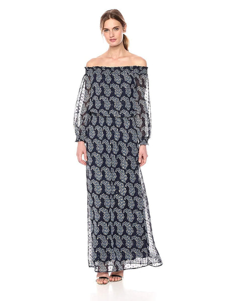 A-line Chiffon Sheer Open-Back Natural Waistline General Print Flutter Long Sleeves Off the Shoulder Maxi Dress