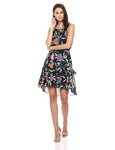 A-line Halter High-Low-Hem Short Floral Print Keyhole Tiered Spaghetti Strap Cotton Elasticized Natural Waistline Dress