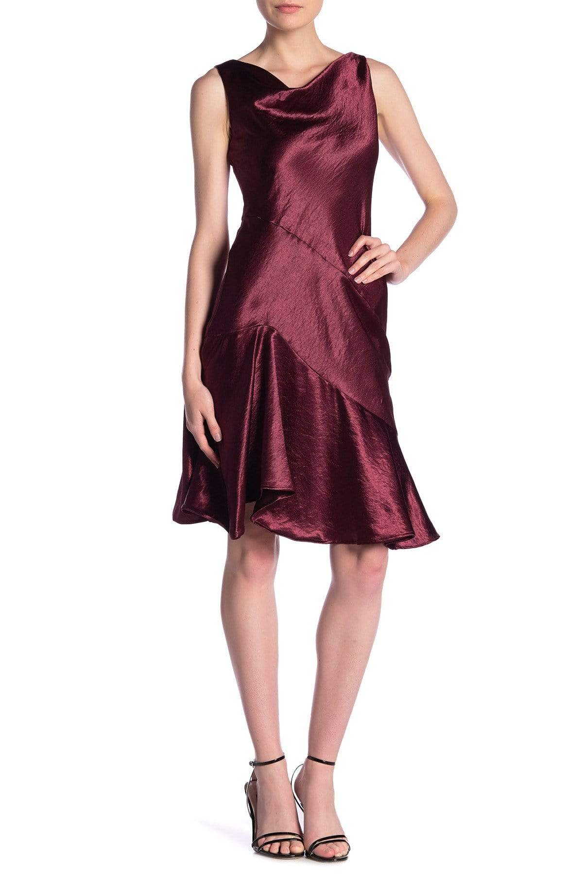 Taylor - 9973M Cowl Neck Satin Asymmetrical Hemmed Dress
