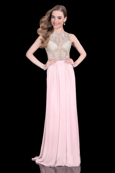 A-line Natural Waistline Floor Length Crystal Illusion Keyhole Mesh Sleeveless Jeweled Neck Geometric Print Evening Dress/Prom Dress with a Brush/Sweep Train With Rhinestones and Pearls