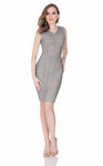 Modest V-neck Natural Waistline Sheath Sleeveless Jeweled Open-Back Fitted Short Sheath Dress