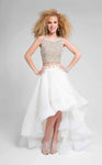 A-line Scoop Neck Glittering Sleeveless Natural Waistline Polyester High-Low-Hem Dress with a Brush/Sweep Train