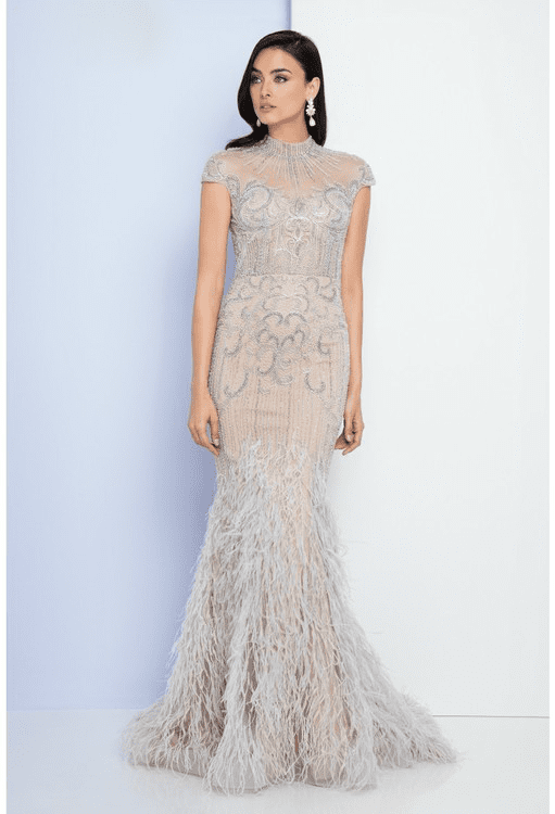 Terani Couture - 1721GL4446 Feathered High Neck Mermaid Dress
