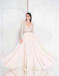 A-line Floor Length Bateau Neck Plunging Neck Beaded Shirred Sheer Illusion Flowy Long Sleeves Lace Natural Waistline Evening Dress