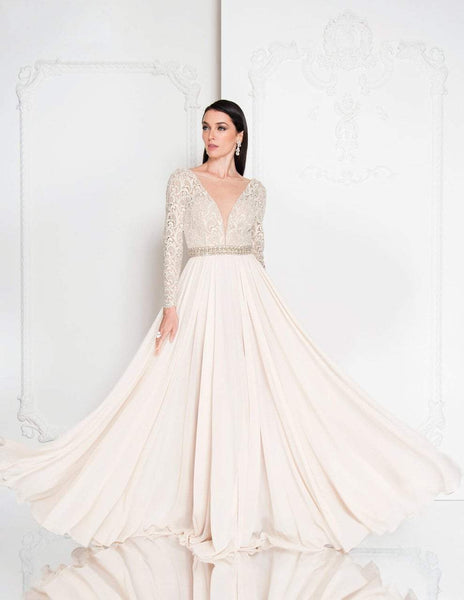 A-line Lace Natural Waistline Long Sleeves Floor Length Bateau Neck Plunging Neck Beaded Sheer Illusion Flowy Shirred Evening Dress
