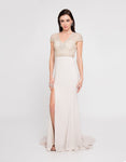 V-neck Fitted Crystal Slit Natural Waistline Sheath Cap Sleeves Sheath Dress with a Brush/Sweep Train