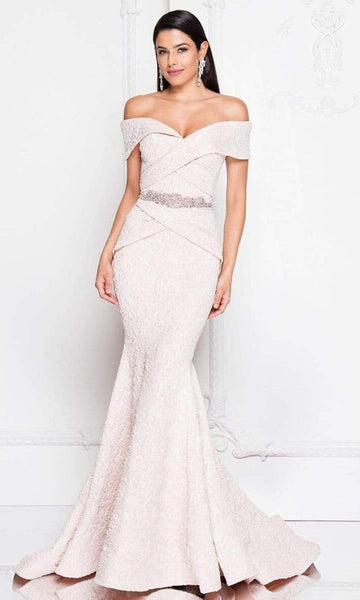 Brocade Open-Back Back Zipper Off the Shoulder Mermaid Floor Length Natural Waistline Evening Dress/Mother-of-the-Bride Dress with a Brush/Sweep Train