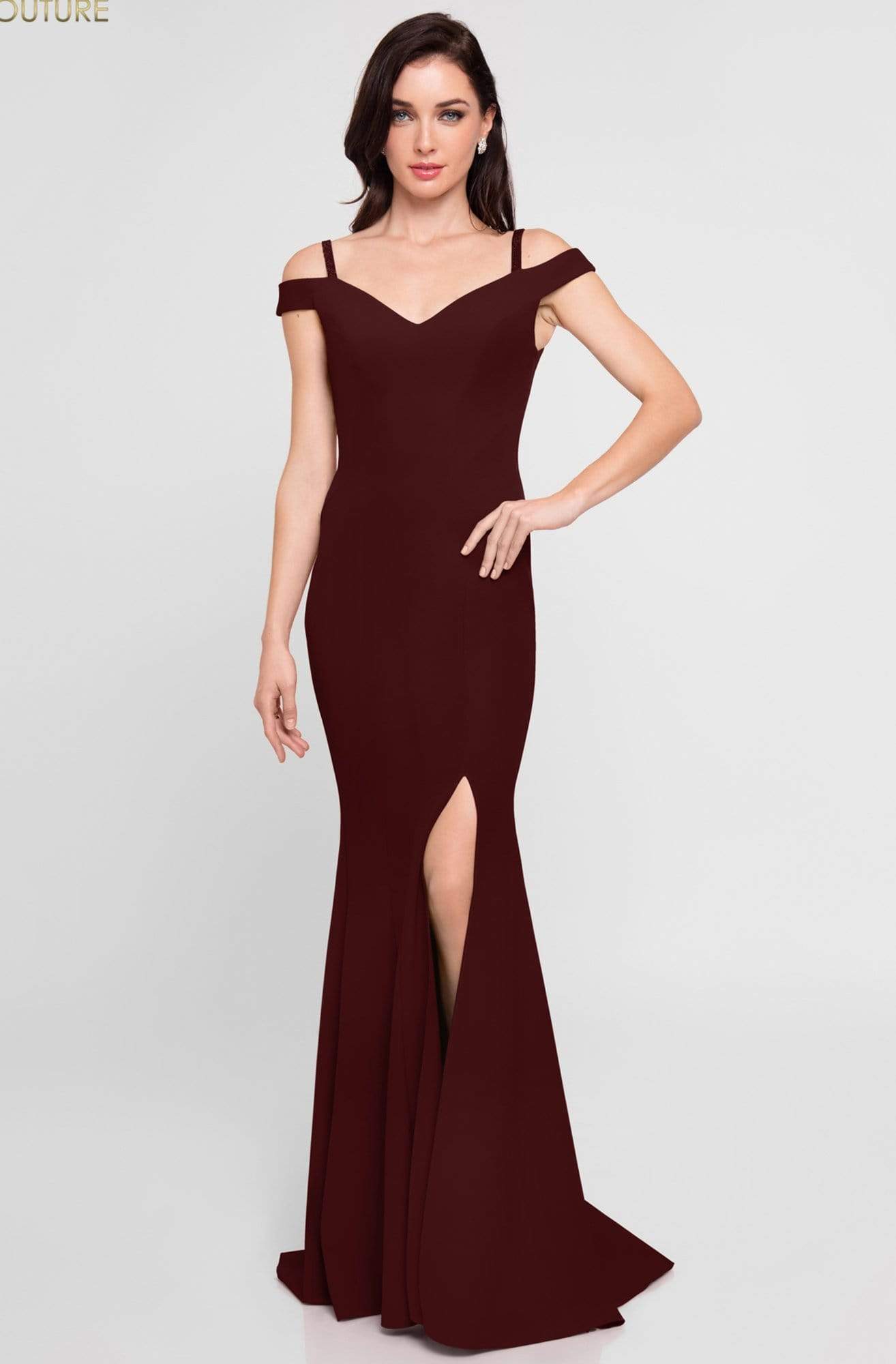 Terani Couture - 1813B5185 Sculpted Off Shoulder High Slit Sheath Gown
