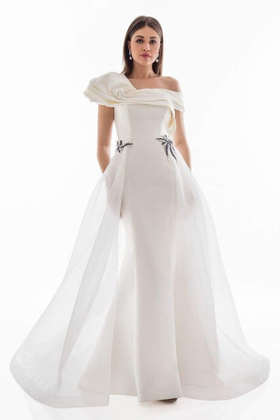 Sophisticated Mermaid Slit Back Zipper Sheer Pleated Asymmetric Gathered Beaded Organza Natural Waistline Short Sleeves Sleeves Off the Shoulder Dress with a Brush/Sweep Train With Pearls