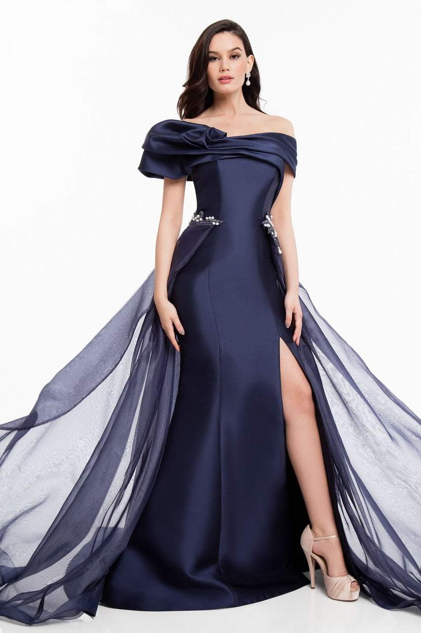 Terani Couture - 1821E7100 Dramatic Off Shoulder Sheer Overskirt Gown
