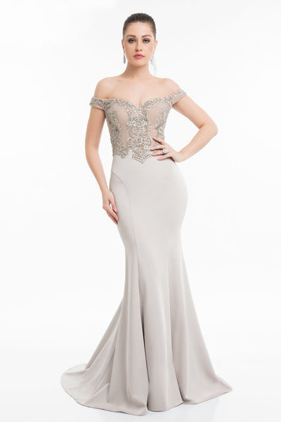 Mermaid Basque Waistline Open-Back Embroidered Crystal Two-Toned Print Off the Shoulder Sweetheart Floor Length Dress with a Brush/Sweep Train With Rhinestones