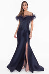 Floor Length Slit Beaded Fitted Off the Shoulder Natural Waistline Polyester Mermaid Evening Dress with a Brush/Sweep Train