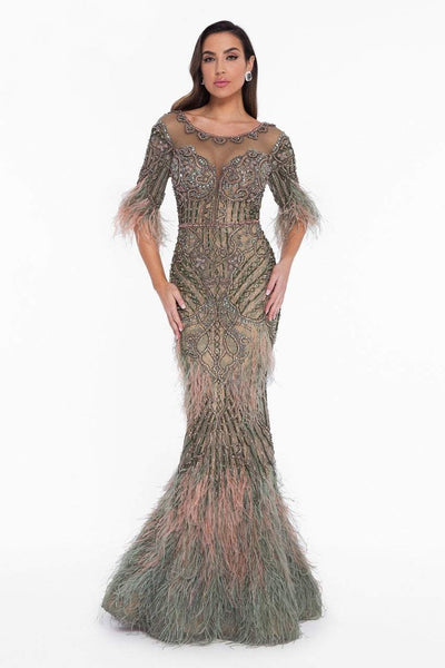 Elbow Length Sleeves Plunging Neck Scoop Neck Mermaid Two-Toned Print Natural Waistline Back Zipper Jeweled Illusion Sheer Beaded Dress with a Brush/Sweep Train