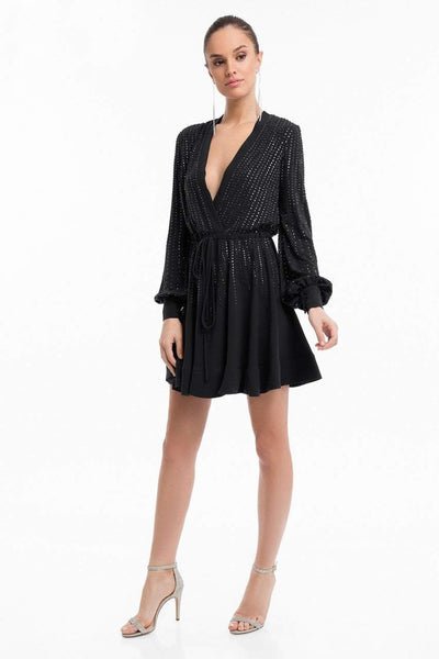 A-line V-neck Short Plunging Neck Puff Sleeves Sleeves Crystal Gathered Polyester Natural Tie Waist Waistline Dress