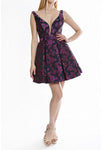 A-line V-neck Short Sheer Mesh Pleated Polyester Plunging Neck Natural Waistline Floral Print Sleeveless Evening Dress