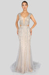 Sexy V-neck Cap Sleeves Sheath Floor Length Natural Waistline Plunging Neck Fitted Back Zipper Pleated Cutout Beaded Sheath Dress/Evening Dress with a Brush/Sweep Train