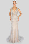 Sexy V-neck Plunging Neck Sheath Cap Sleeves Natural Waistline Cutout Beaded Back Zipper Pleated Fitted Floor Length Sheath Dress/Evening Dress with a Brush/Sweep Train