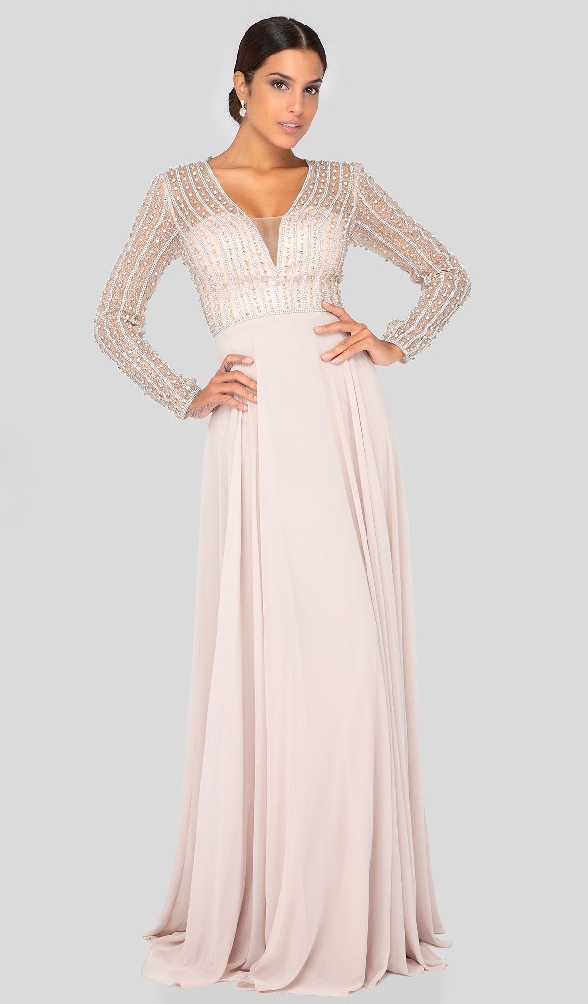 Terani Couture - 1911M9326 Bead-Striped Sheer Long Sleeve Chiffon Gown
