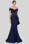 Sophisticated Natural Waistline Fit-and-Flare Mermaid Beaded Peplum Draped Back Zipper Embroidered Applique Fitted Cap Sleeves Off the Shoulder Party Dress with a Brush/Sweep Train