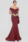 Sophisticated Natural Waistline Fit-and-Flare Mermaid Cap Sleeves Off the Shoulder Draped Embroidered Fitted Applique Peplum Beaded Back Zipper Party Dress with a Brush/Sweep Train