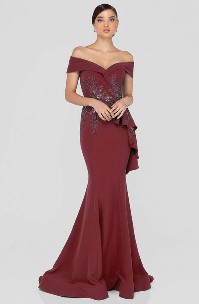 Sophisticated Cap Sleeves Off the Shoulder Natural Waistline Fit-and-Flare Mermaid Back Zipper Fitted Applique Embroidered Beaded Peplum Draped Party Dress with a Brush/Sweep Train