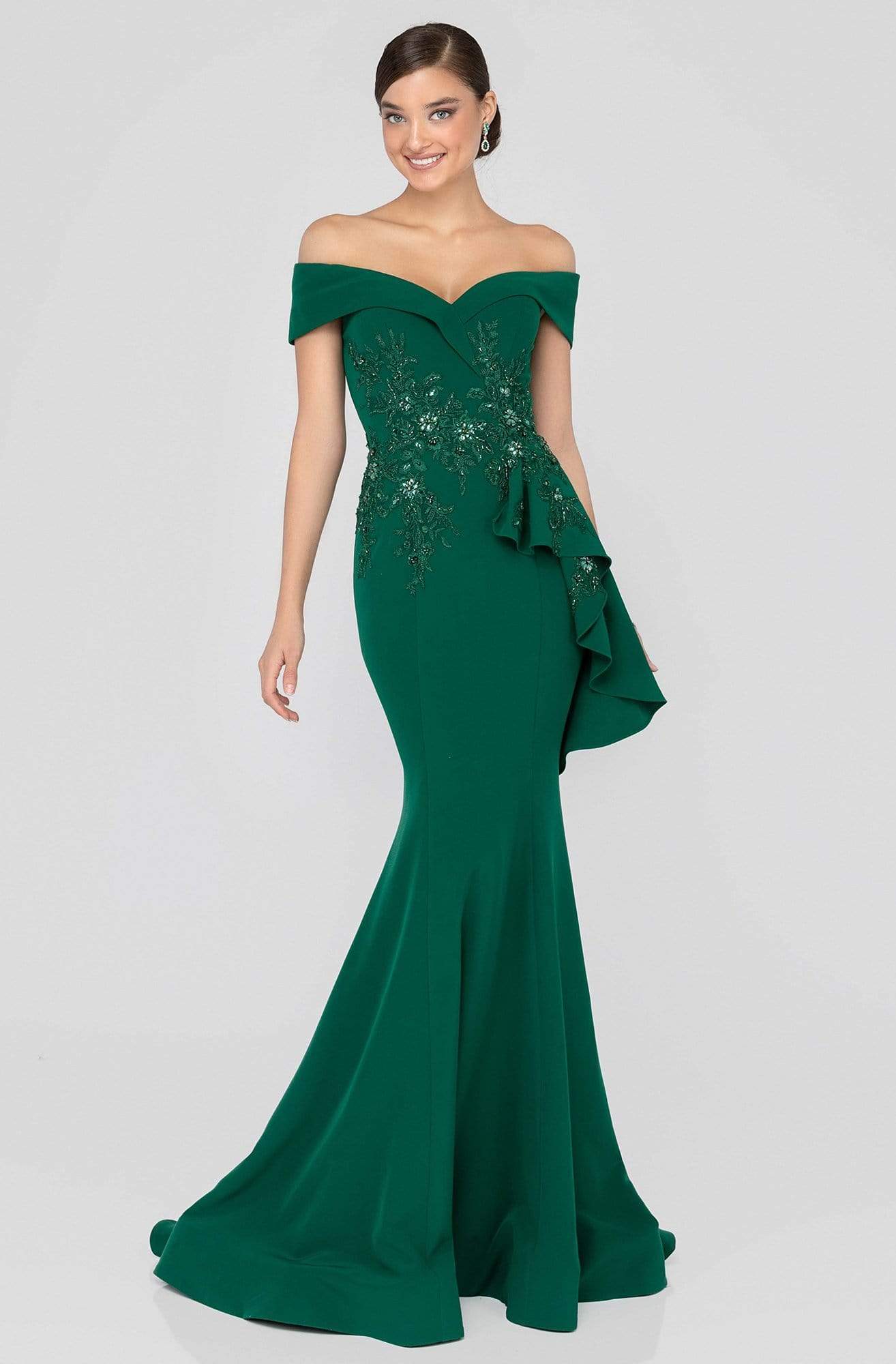 Terani Couture - 1911M9339 Off Shoulder Side Drape Peplum Mermaid Gown
