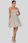 A-line Strapless Tulle Two-Toned Print Crystal Beaded Back Zipper Natural Waistline Cocktail Short Straight Neck Party Dress