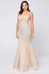 V-neck Mermaid Floor Length Sleeveless Beaded Sheer Back Fitted Plunging Neck Natural Waistline Party Dress