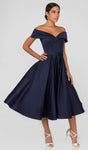 Sophisticated A-line Cocktail Tea Length Pocketed Fitted Wrap Back Zipper Off the Shoulder Natural Waistline Polyester Dress