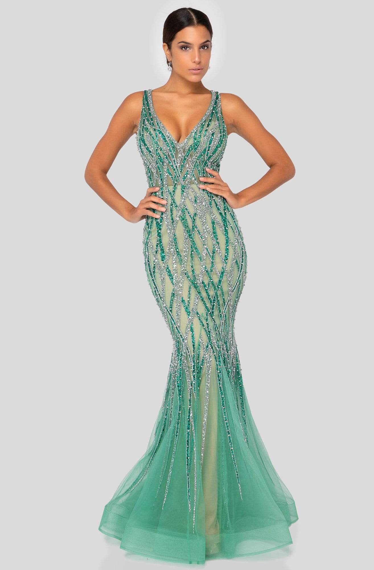 Terani Couture - 1912GL9573 Embellished V Neck Sleeveless Mermaid Gown
