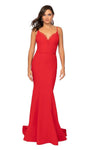 Sexy V-neck Sleeveless Spaghetti Strap Floor Length Natural Waistline Mermaid Back Zipper V Back Fitted Evening Dress with a Brush/Sweep Train